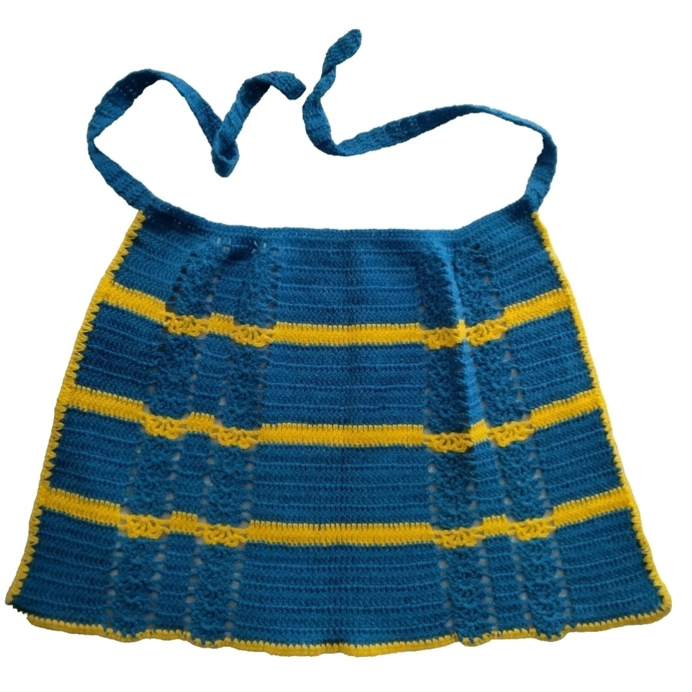 Vintage 80's Small Crochet Apron Blue & Yellow in Great Condition